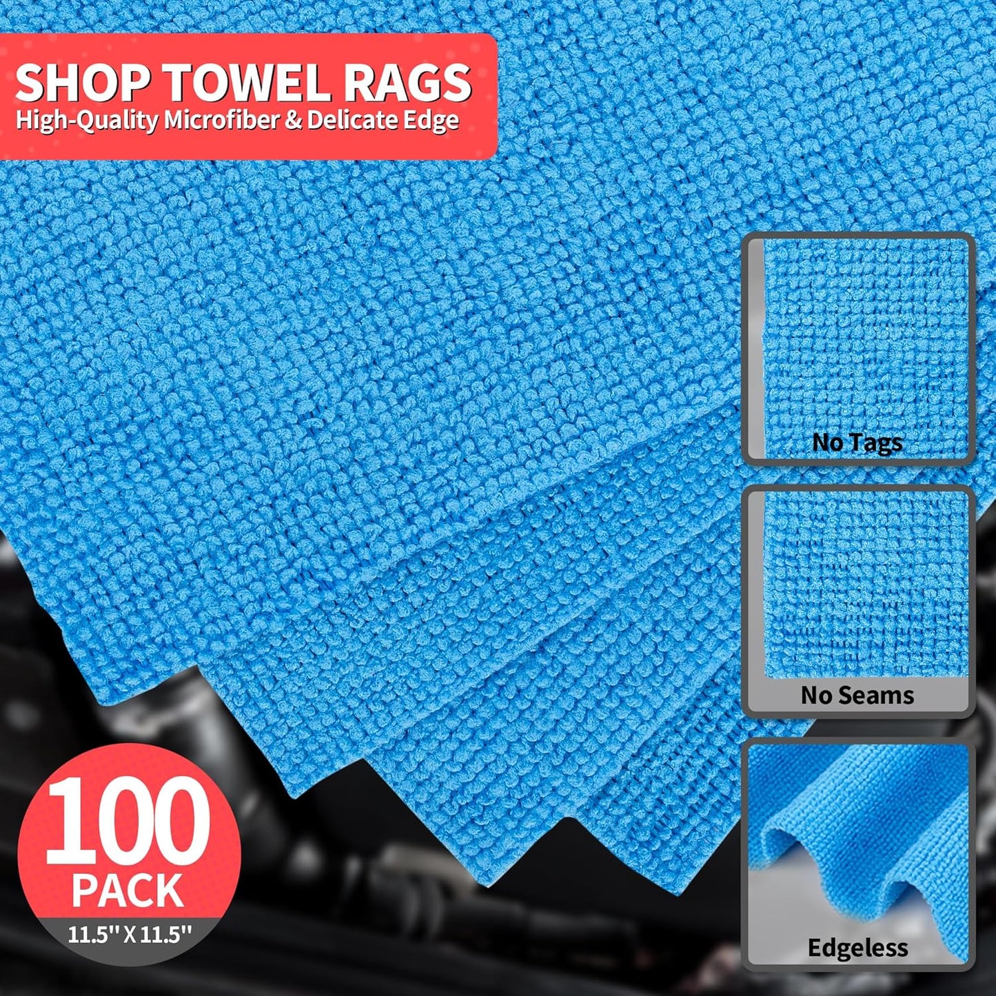 HOMERHYME Shop Towels, 100 Pack Microfiber Towels for Cars, Microfiber Cleaning Cloths, Bulk Multipurpose Lint-Free Cleaning Rag for Mechanic Automotive Garage Office, 11.5"*11.5" Blue
