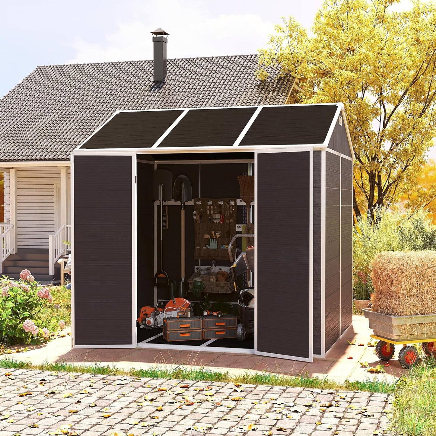 MyVoice 8x7 FT Outdoor Resin Storage Shed with HD Window, Rustproof Waterproof Garden Tool Shed, 12mm Thickened PP Panels, Large Capacity Outdoor Utility House for Backyard Patio (with Floor)