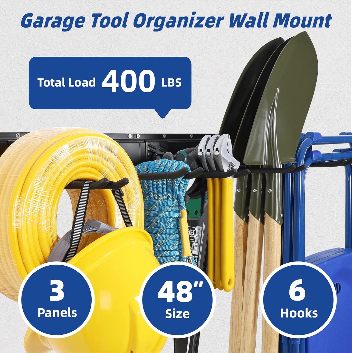 Garage Tool Organizer Wall Mount, 48" Garage Wall Organizer, Heavy Duty Garden Tool Organizers with Adjustable Hooks, 400 lbs Garages Organization, Anti-Rust Garden Tool Storage Rack for Yard and Shed