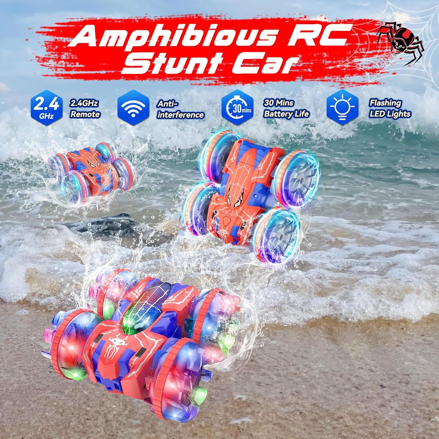 ZIZZ Amphibious Remote Control Car: 4WD Waterproof RC Car 2.4 GHz Remote Control Boat for Kid, Spider Double Sided 360° Rotating RC Stunt with LED Light, Boy Girl Gift All Terrain Water Beach Pool Toy