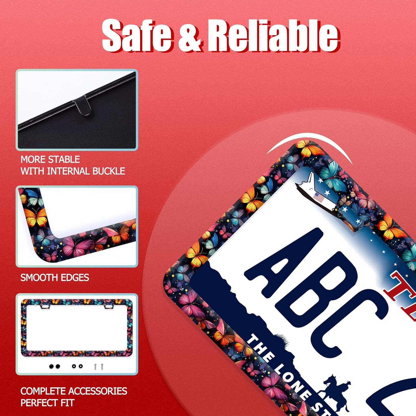 Butterfly License Plate Frame Funny Colorful License Plate Frames Stainless Steel Accessories Cars Decor with 2 Holes and Screws Fits Standard Us Ca Vehicles License Plate Holder 12.2 X 6 Inch