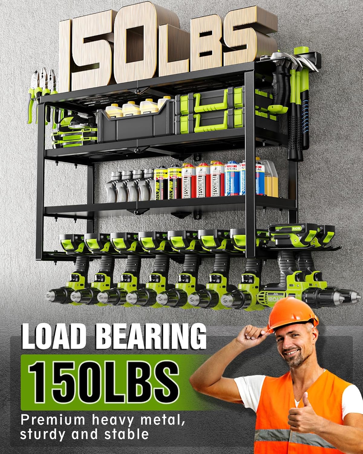 MAXIFFE 4 Layer Power Tool Organizer Wall Mount, Heavy Duty Metal Cordless Tool Organizers and Storage Rack Holder with 9 Drill Holders for Garage Storage Organization, Gifts for Men, Black, 26 inch