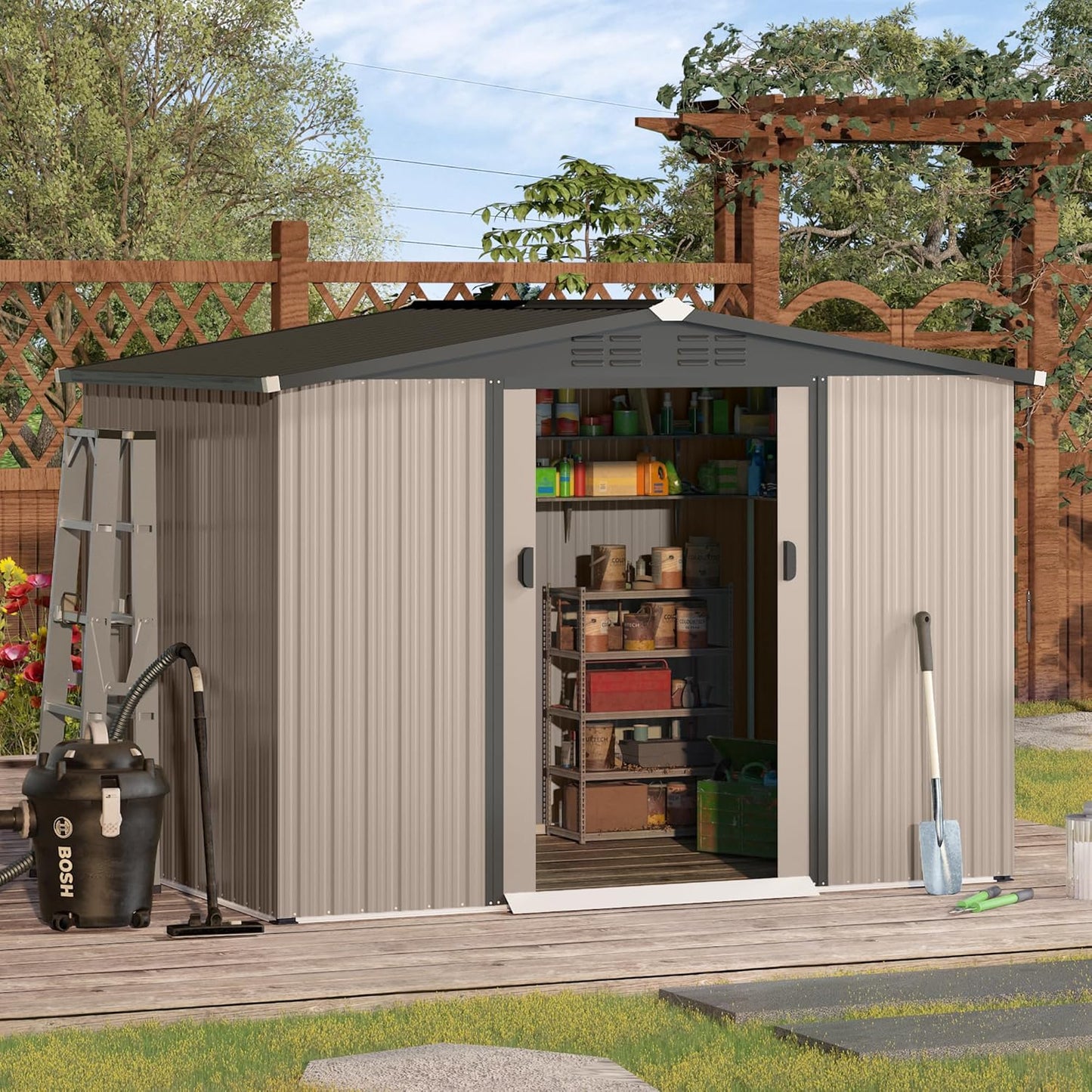 AECOJOY 8 x 6 Ft Shed, Outdoor Storage Tool Shed (Sliding Door), Metal Garden Shed for Yard, Outdoor Storage Clearance in Grey