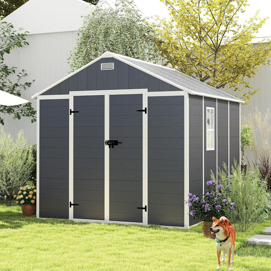 MyVoice 8x8 FT Outdoor Resin Storage Shed with HD Window, Rustproof Waterproof Garden Tool Shed, 12mm Thickened PP Panels, Large Capacity Outdoor Utility House for Backyard Patio (with Floor)