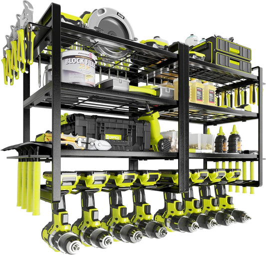 KAFAHOM Power Tool Organizer Wall Mount, 4-Tier Drill Holder for Cordless Tools, 2-Pack Set, Garage Storage Rack with Side Hooks for Hammers & Pliers, Tool Organizer for Workshop/Utility Room