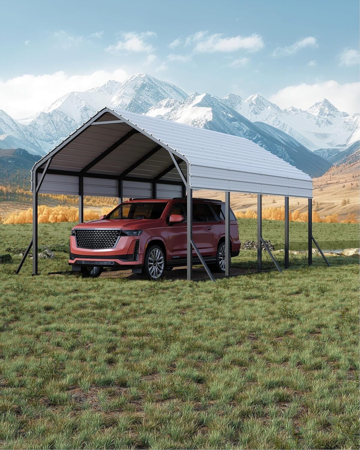 13'x21'x11' Oversized Metal Carport, Steel Heavy Duty Carport for All-Weather, Permanent Shelter for Bass Boats, Pickup Trucks, and Tractors, N.W. 660 Lbs