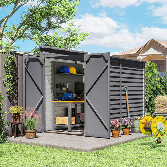 Outsunny 4.6' x 9' Steel Outdoor Storage Shed, Lean to Shed, Metal Tool House with Foundation Kit, Lockable Doors, Gloves and 2 Air Vents for Backyard, Patio, Lawn, Gray