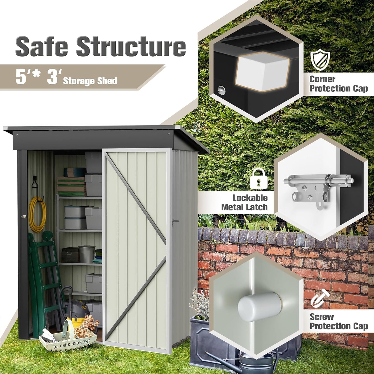 JUMMICO Metal Outdoor Storage Shed 5 x 3 FT Metal Shed with Lockable Door,Waterproof Garden Tool Shed Storage House for Backyard Patio Lawn,White