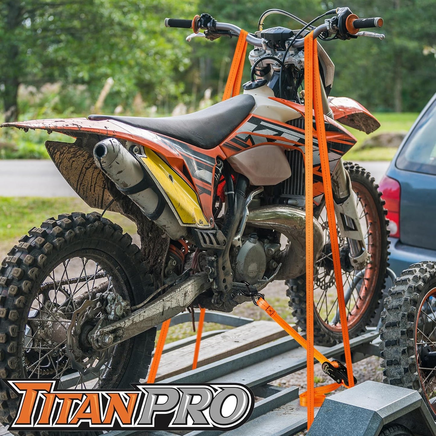 TitanPro Heavy Duty Ratchet Straps 4-Pack - 2,200lb Break Strength, 1" x 15' Rachet Tie Downs with Padded Handles - Heavy Duty, Truck, Motorcycle, Moving Straps (Orange)