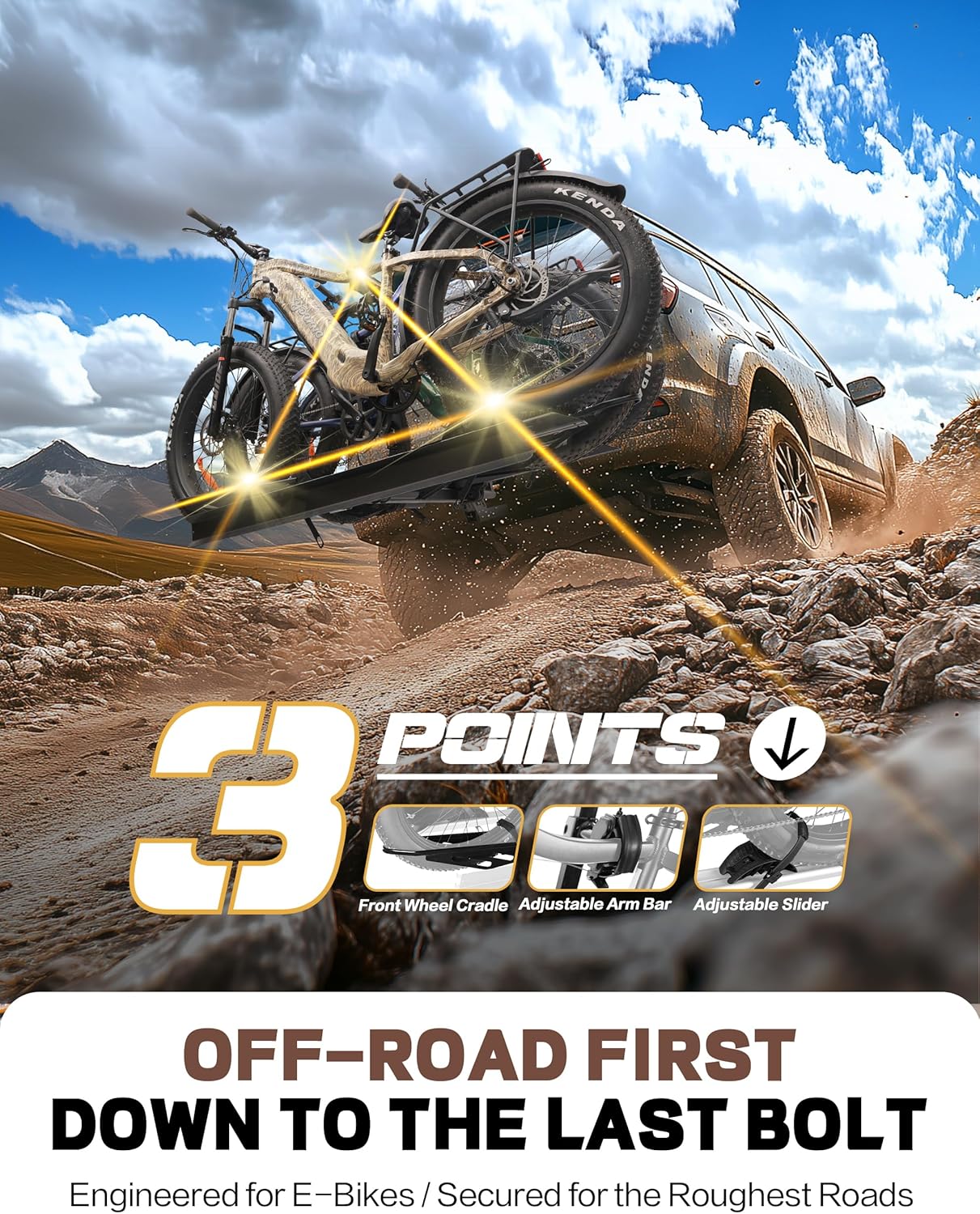 Young 250LBS. Capacity Foldable Aluminum 3-Ebike Rack with Ramp for Car SUV RV Truck Trailer and Van, Fits up to 5" Fat Tire Width and 50" Wheelbase, Ebike Carrier Rack for 2" Receiver