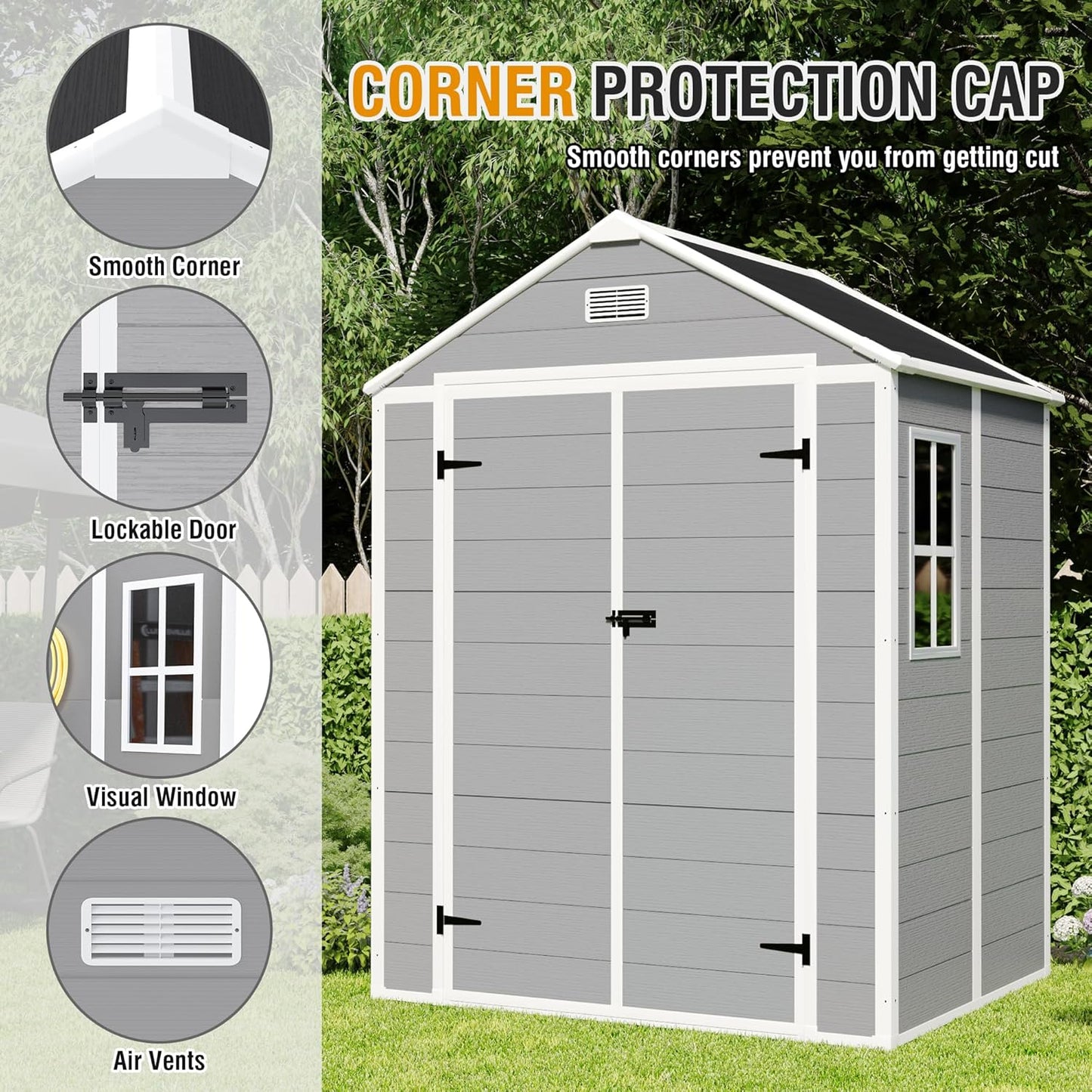 6x5 FT Outdoor Storage Resin Shed with Floor, Waterproof Plastic Garden Tool Shed with Windows, Vents & Lockable Door and Sloped Roof, Easy to Assemble Bike Shed for Patio, Backyard, Lawn, Grey