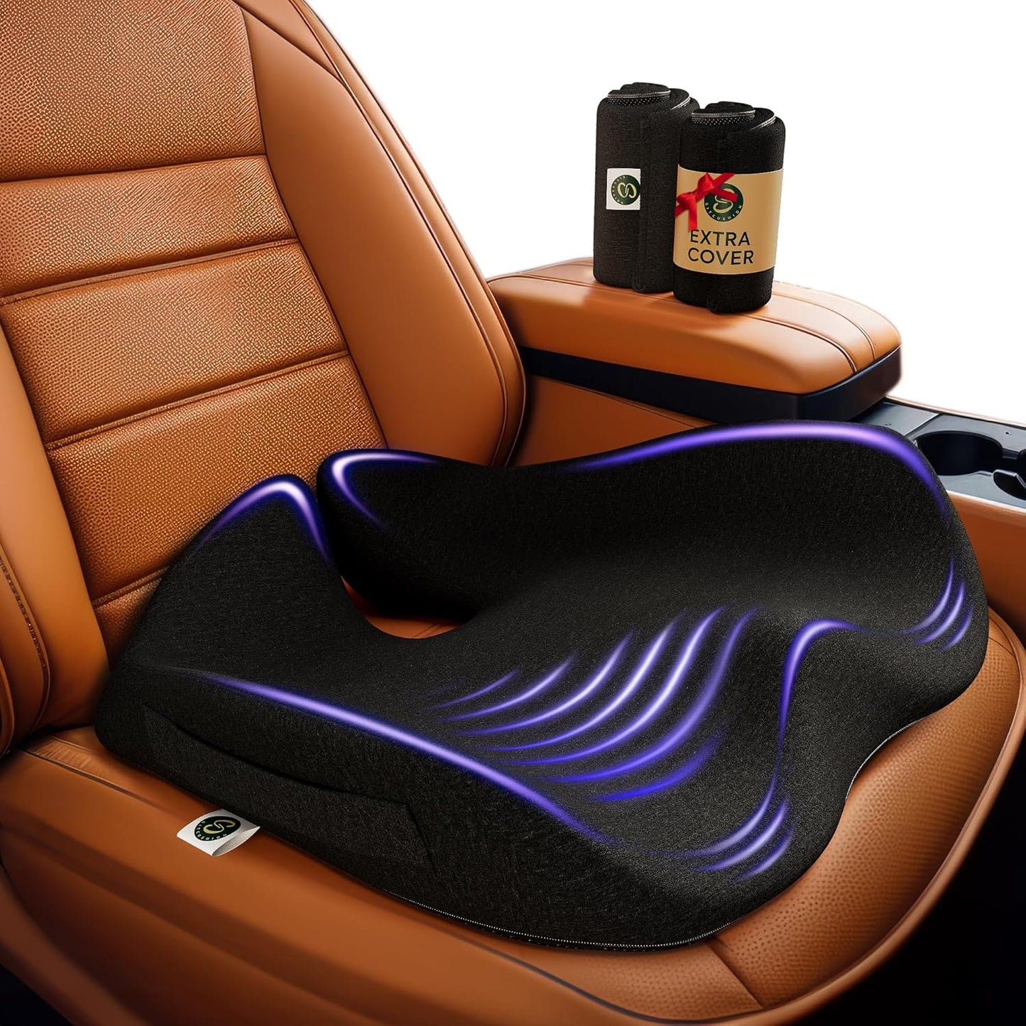 Memory Foam Car Seat Cushion for Back Pain Relief Car Cushions for Driving, Tailbone Pain. Non-Slip Pressure Relief Seat Pad for Truck Driver Essentials with Extra Cover (Black)