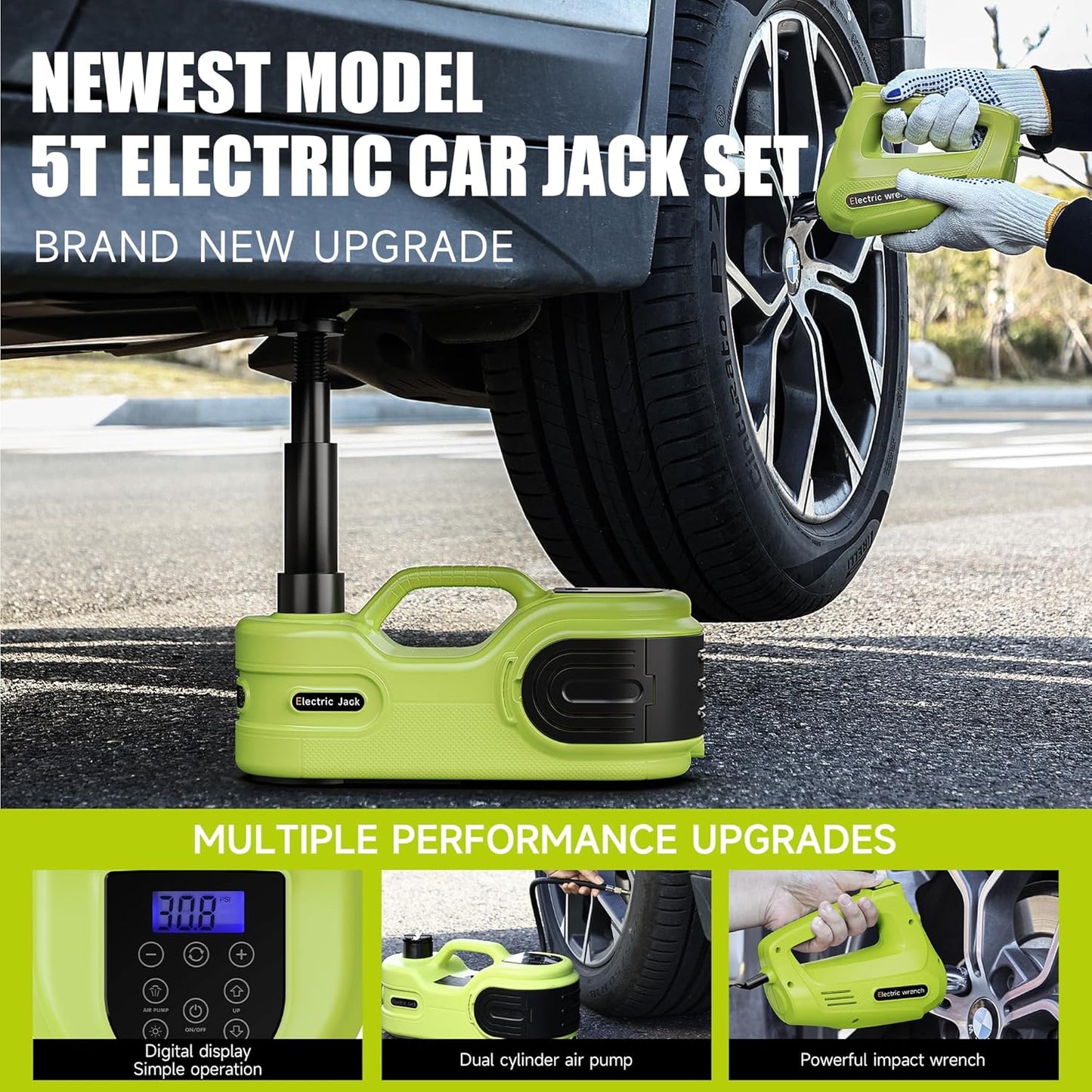 Electric Car Jack Kit 5T 12V Hydraulic Tire Jack with Double Cylinder Air Pump & LCD Touch Screen & Impact Wrench Portable Car Lift for Tire Changes and Roadside Emergencies