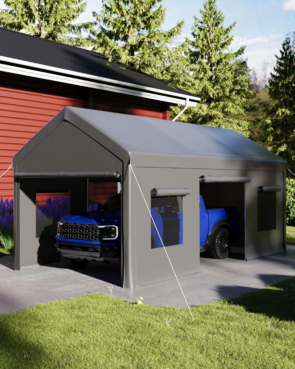 10x20 Ft. Metal Carport Garage with PE Fabric and Galvanized Steel Frame Outdoor Shelter for Cars, Trucks and Boats with 4 Doors and Mesh Windows for Ventilation - Grey