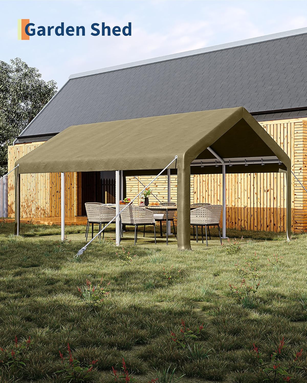 12x20 Ft Carport, Car Port with 200g PE Tarp, Roll-Up Doors, and 4 Windows, for Full-Size Pickups, Bass Boats, Tractors, and SUVs, Khaki