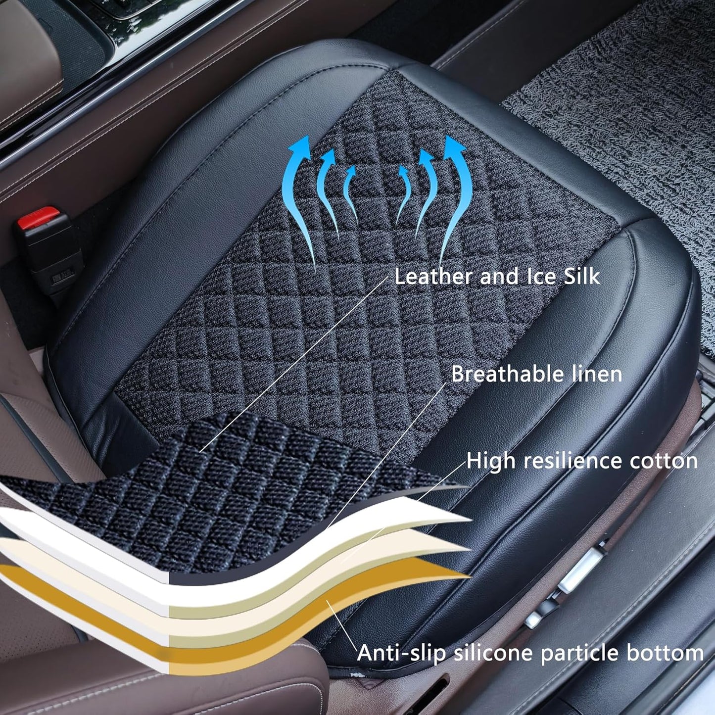 Car Seat Covers,2 Pack Leather Bottom Car Seat Cover Universal Front Seats Only,Ice Silk Auto Seat Cushion Protector Pad Mat Wrap Around The Bottom Black