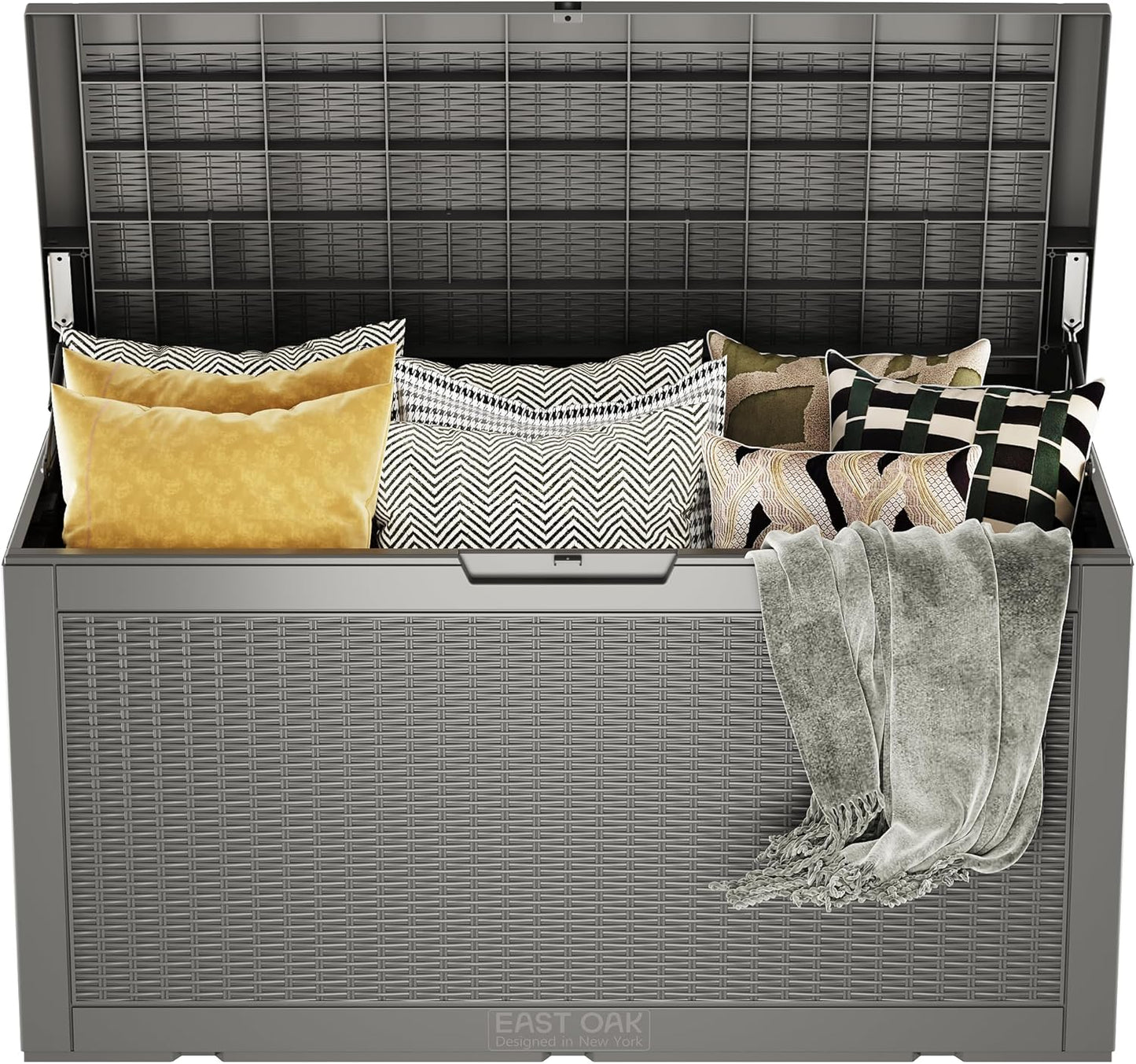 EAST OAK Outdoor Storage Box, 100 Gallon Deck Box, Waterproof Resin Storage Bench for Patio Cushions, Gardening Tools, Pool Accessories, Lockable, UV Resistant, Grey