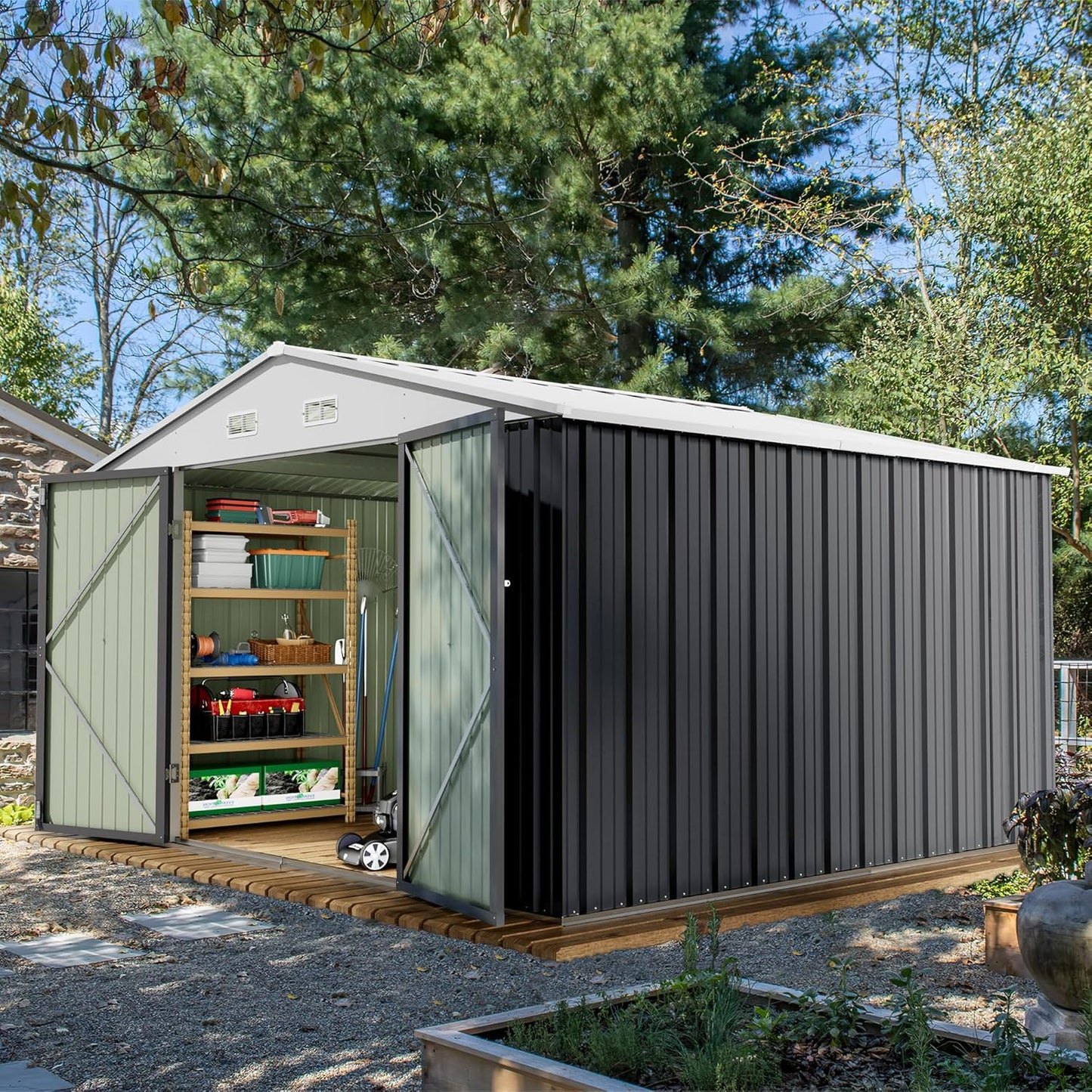 Devoko 10 x 10 FT Outdoor Storage Shed, Metal Garden Sheds & Outdoor Storage Clearance, Large Tool Shed Outdoor with Single Lockable Door for Patio Lawn Backyard (Gray)