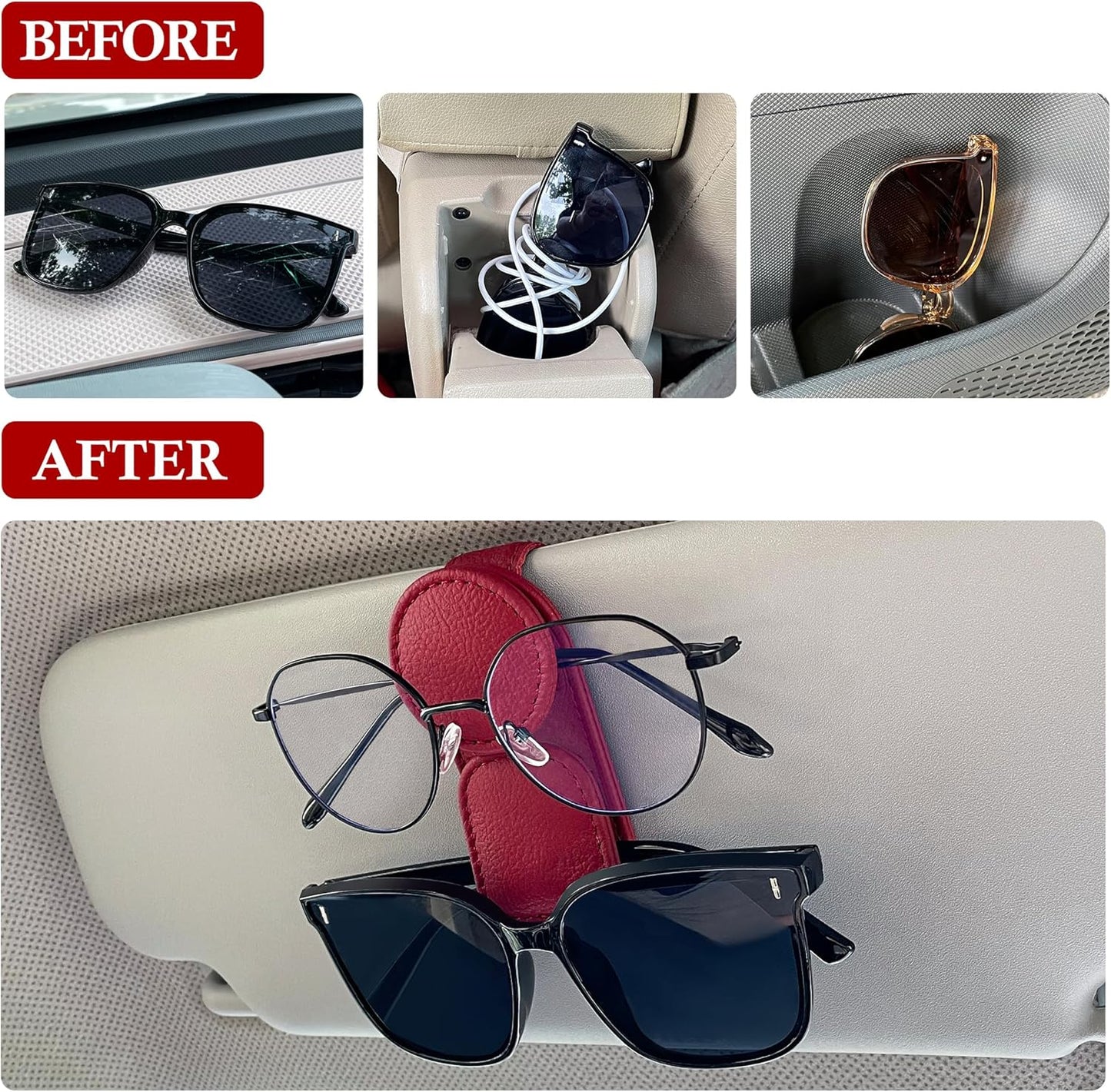 KIWEN Sunglasses Holder for Car Visor, Magnetic Leather Sunglass Eyeglass Hanger Clip for Car Sun Visor Accessories (1, Red)