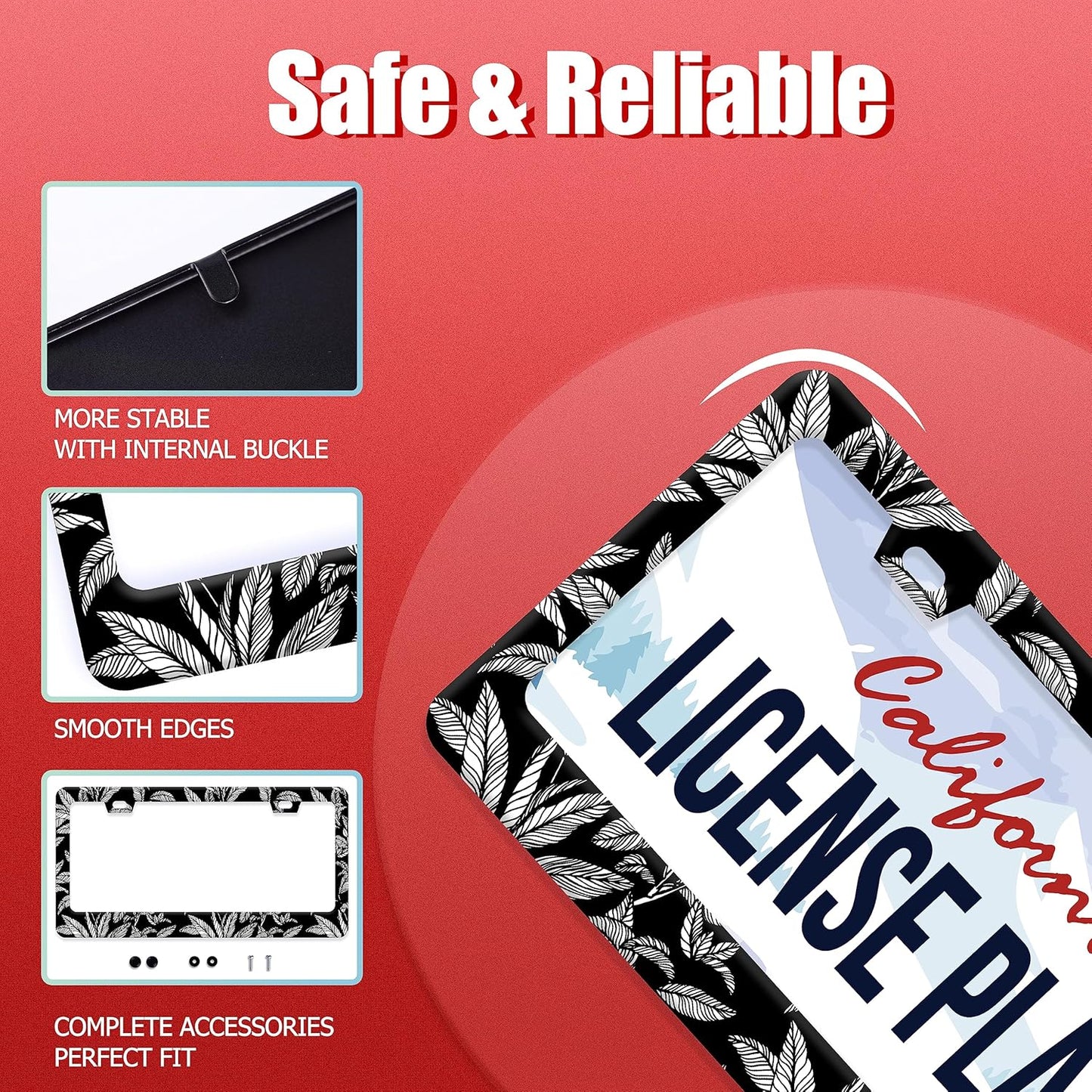 Black White Tropical Leaf License Plate Frame License Plate Stainless Steel Auto Parts License Plate Decorative with Screws Size 12.3" x 6.3" for Men Women