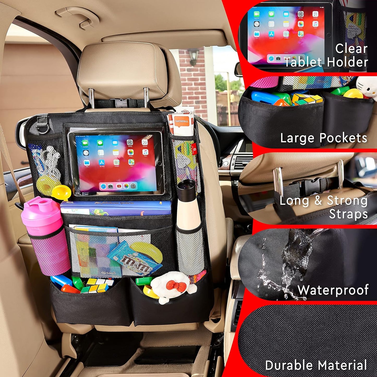 Helteko Backseat Car Organizer, Kick Mats Back Seat Protector with Touch Screen Tablet Holder, Back Seat Organizer for Kids with 9 Storage Pockets, Travel Accessories (2 Pack, Ocean Blue)