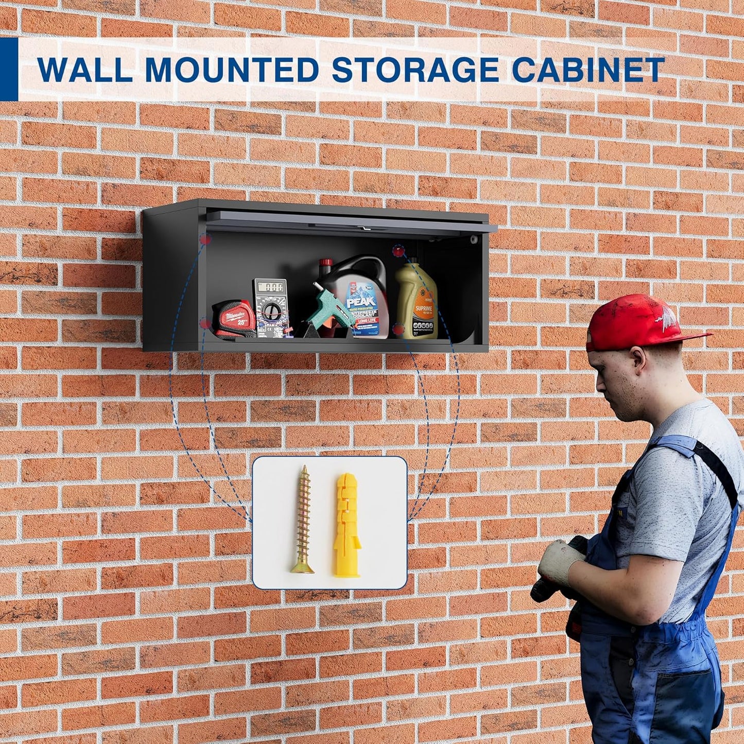 Metal Storage Cabinet Black&Gray Wall Cabinets with Locking Door - Wall Mounted Storage Cabinet for Garage Warehouse Home Office - Assembly Required